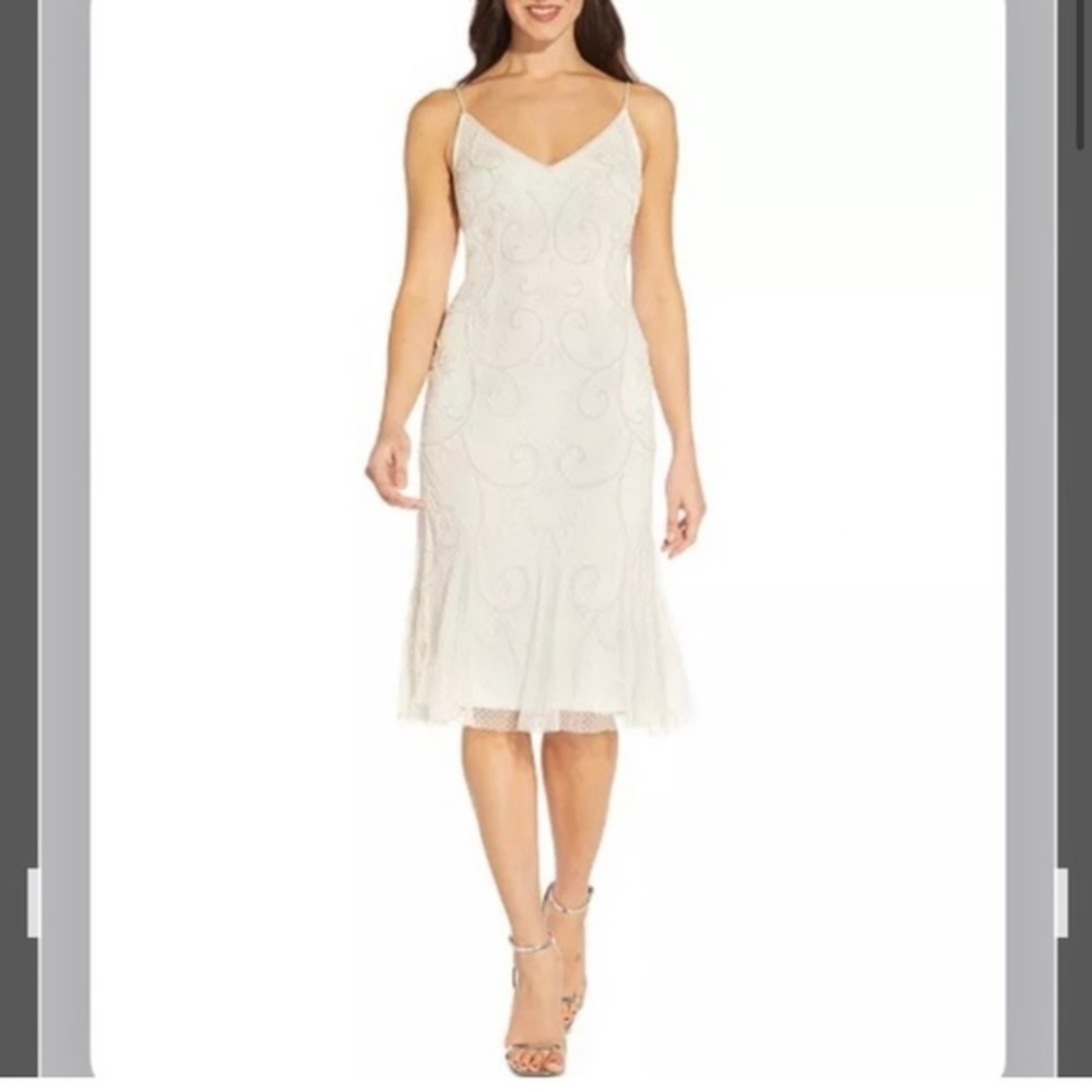 Adrianna Papell Ivory Beaded V-Neck Midi Dress